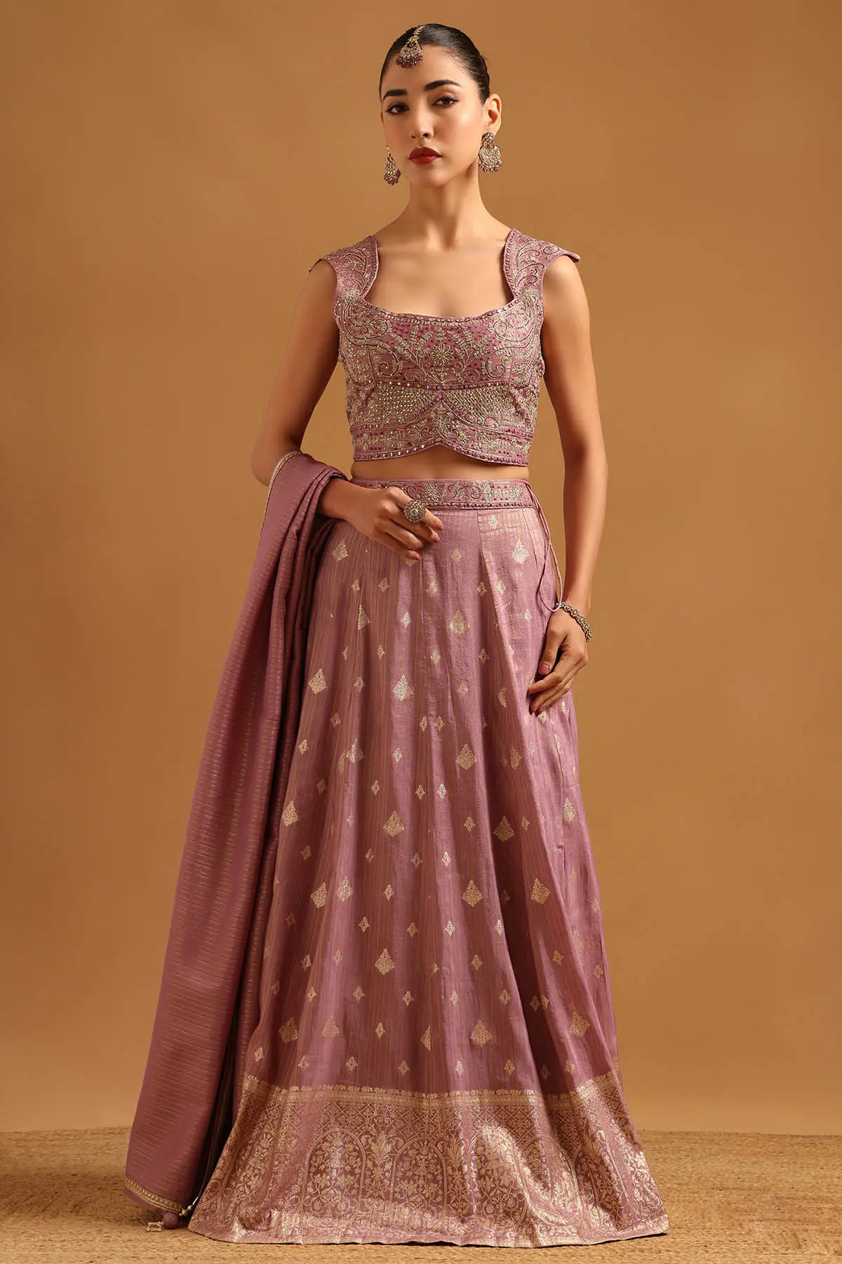 Purple Brocade Zari Woven Lehenga Set With Zardosi
