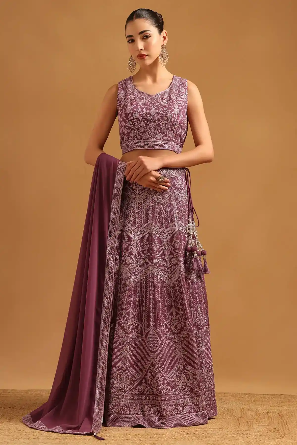 Purple Georgette Botanical Zari Embroidered Lehenga Set With Stone Work