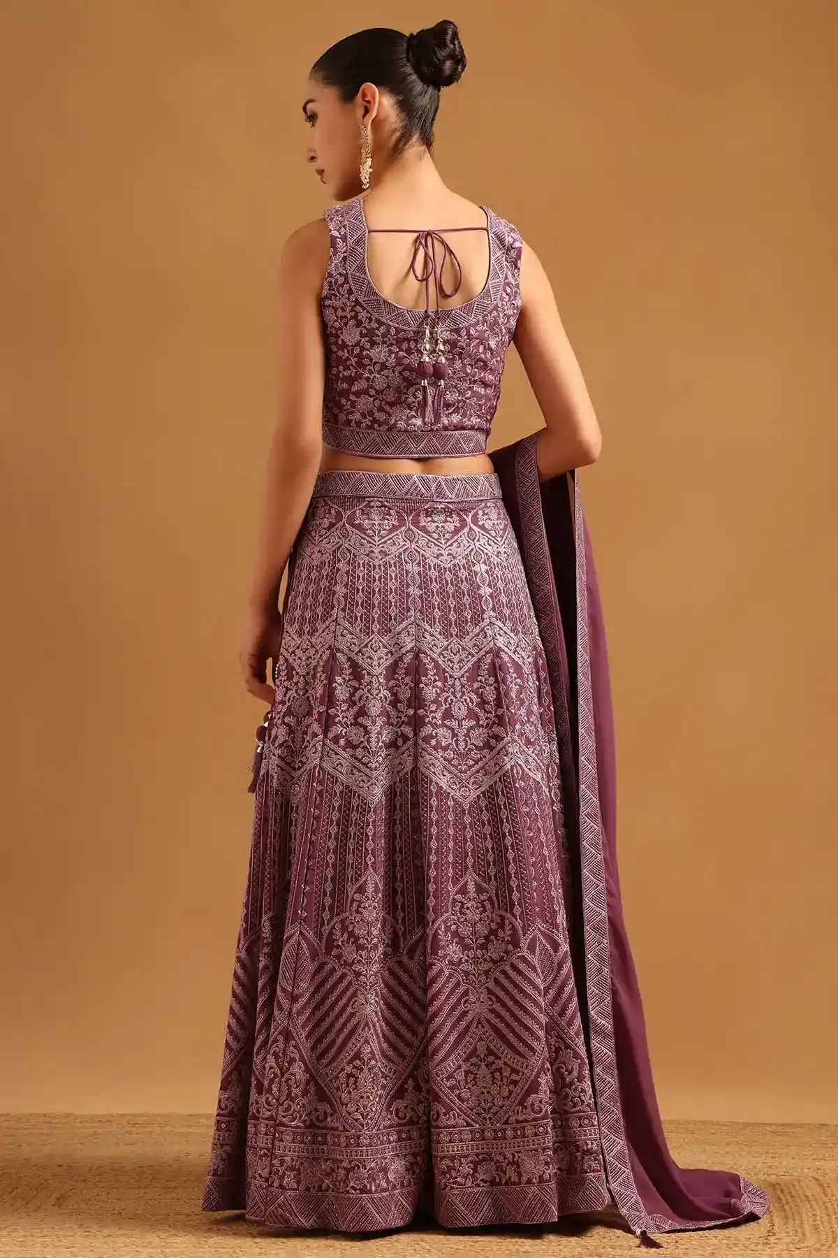 Purple Georgette Botanical Zari Embroidered Lehenga Set With Stone Work