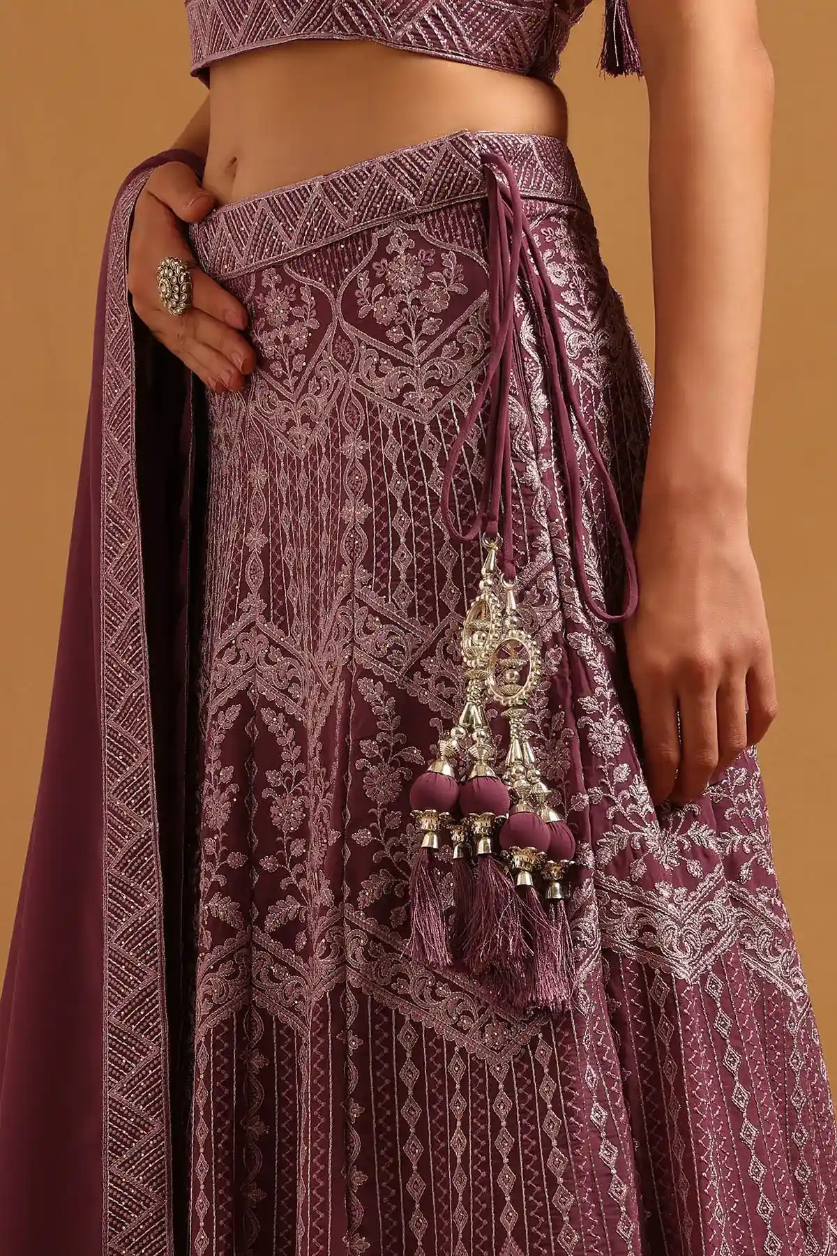 Purple Georgette Botanical Zari Embroidered Lehenga Set With Stone Work