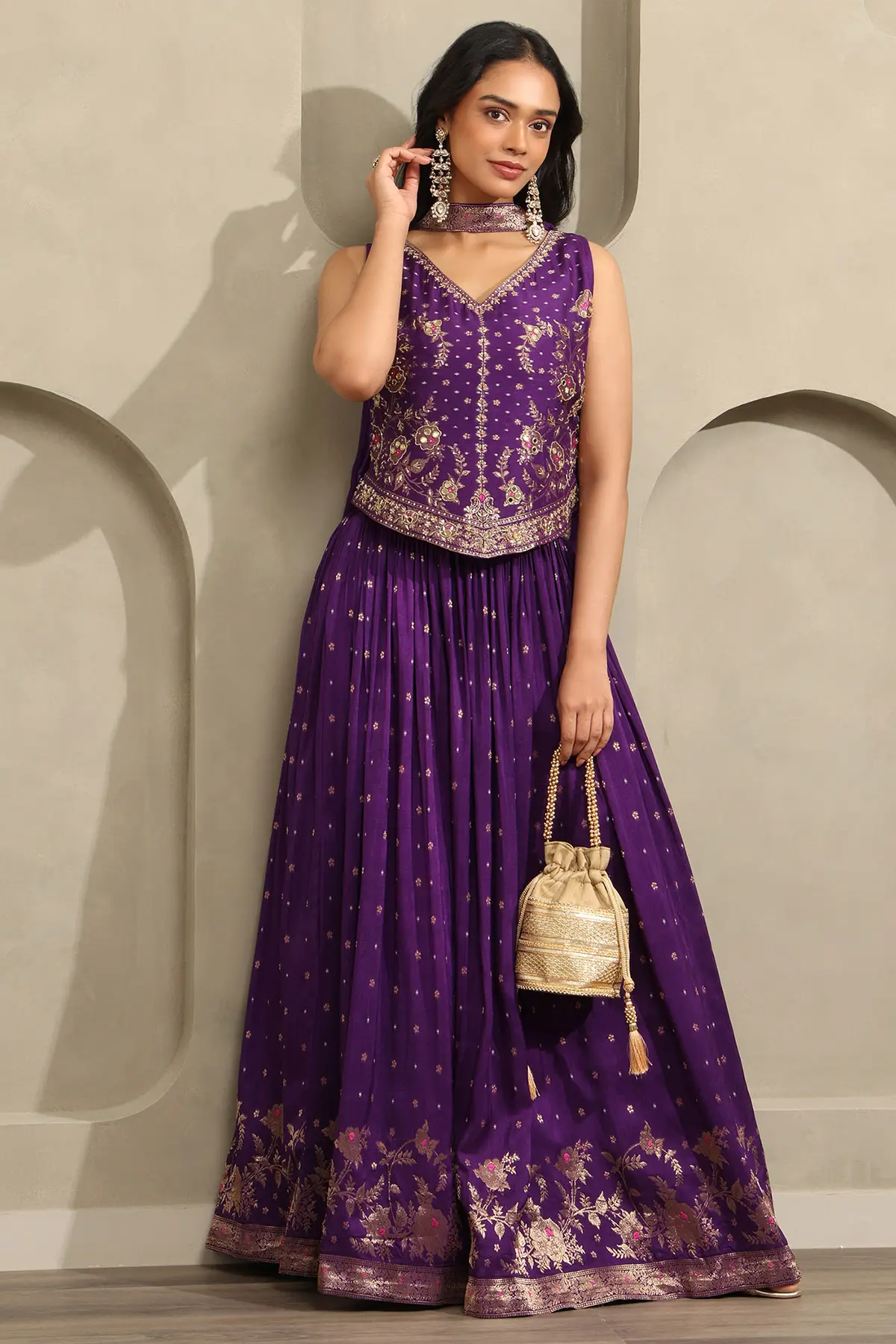 Purple Viscose Blend Zari Woven Lehenga Set With Faux Mirror And Sequins