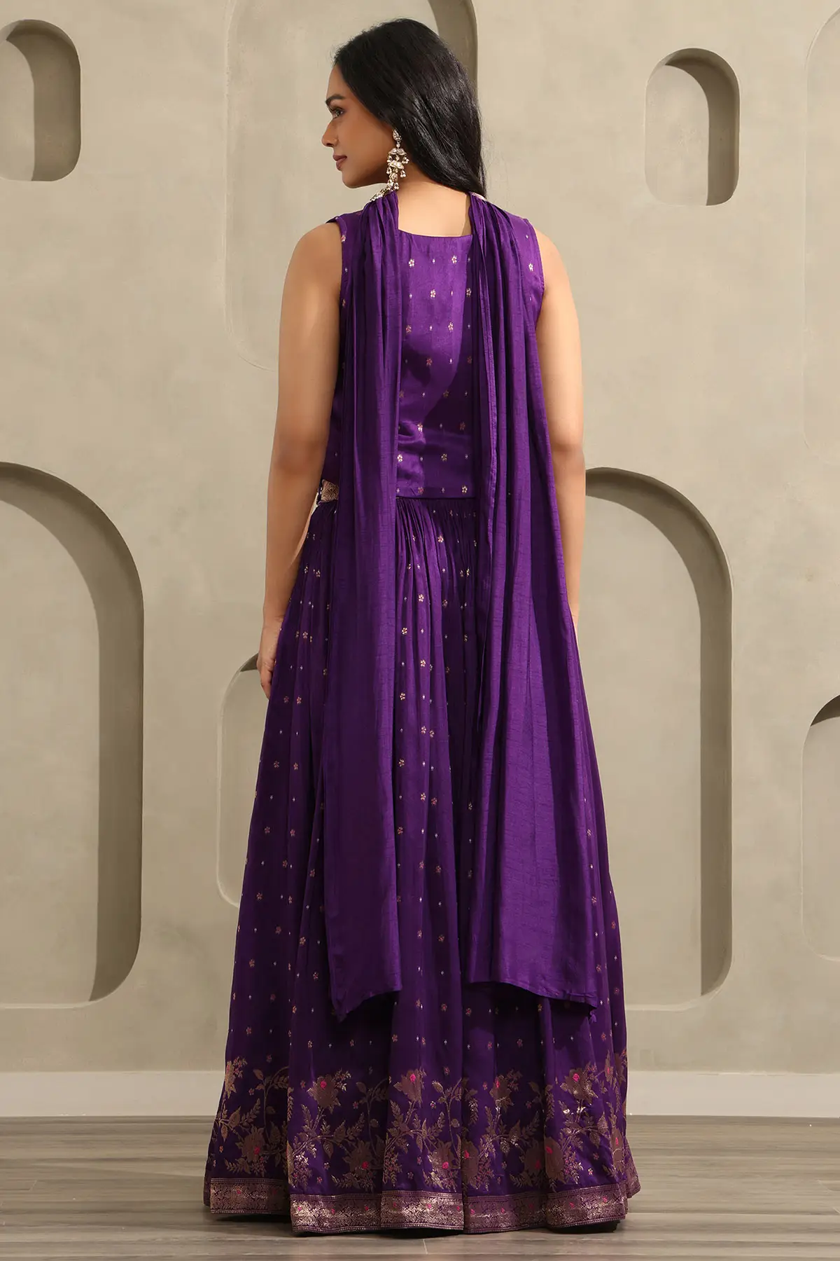 Purple Viscose Blend Zari Woven Lehenga Set With Faux Mirror And Sequins