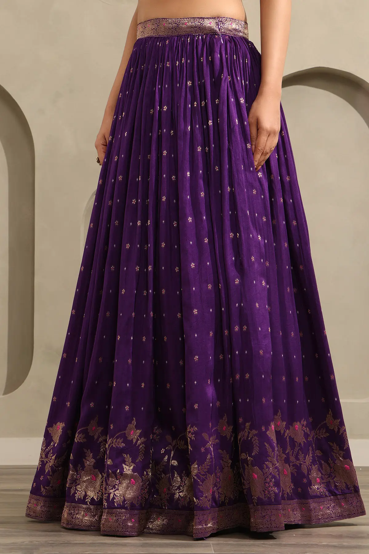 Purple Viscose Blend Zari Woven Lehenga Set With Faux Mirror And Sequins