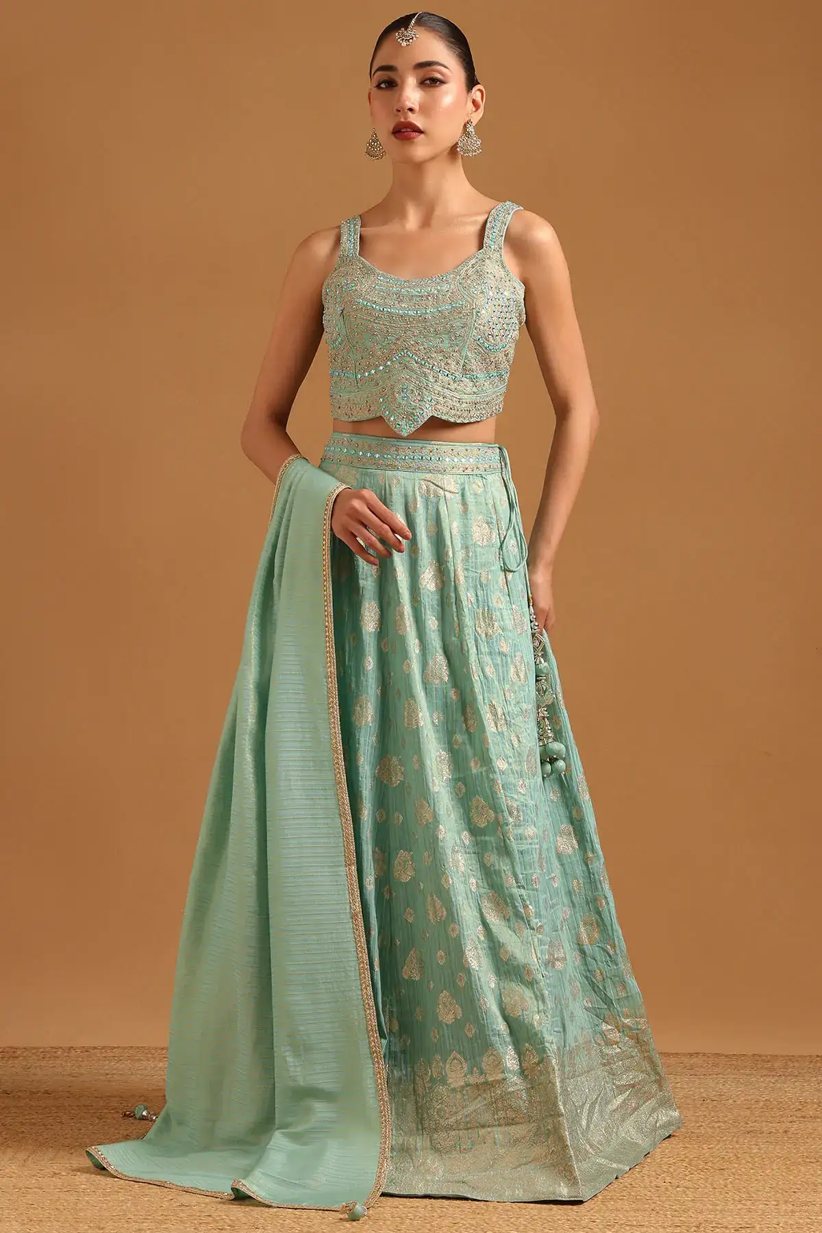 Turquoise Blue Brocade Zari Woven Lehenga Set