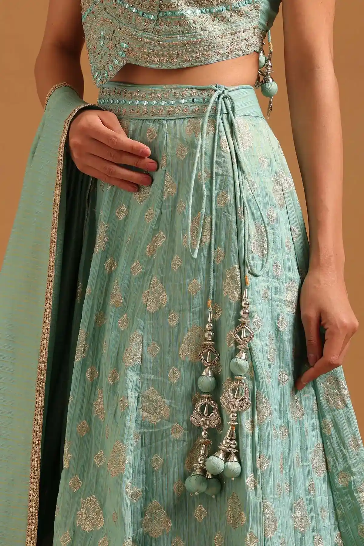 Turquoise Blue Brocade Zari Woven Lehenga Set