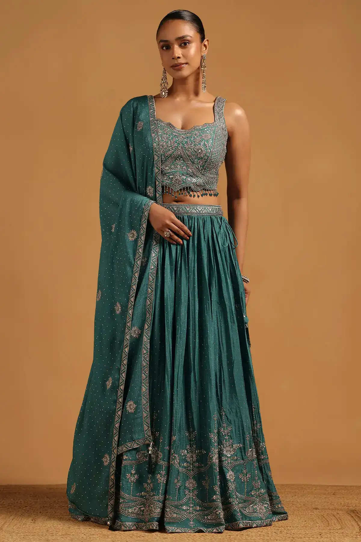 Turquoise Blue Chinon Floral Zari Embroidered Lehenga Choli With Stone Work