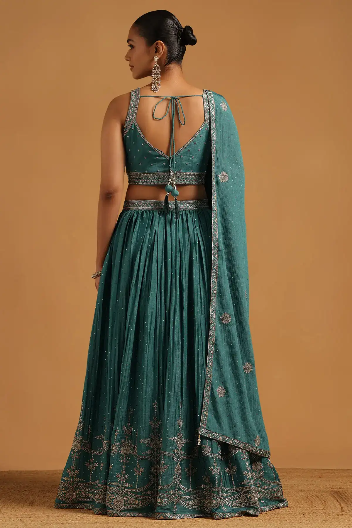 Turquoise Blue Chinon Floral Zari Embroidered Lehenga Choli With Stone Work