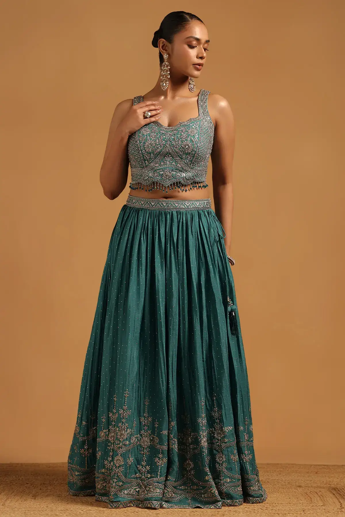 Turquoise Blue Chinon Floral Zari Embroidered Lehenga Choli With Stone Work