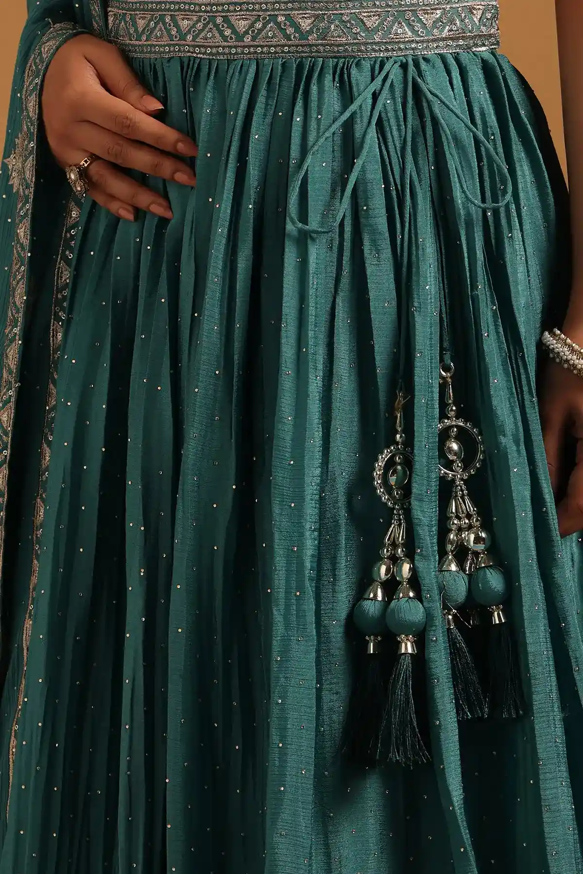 Turquoise Blue Chinon Floral Zari Embroidered Lehenga Choli With Stone Work