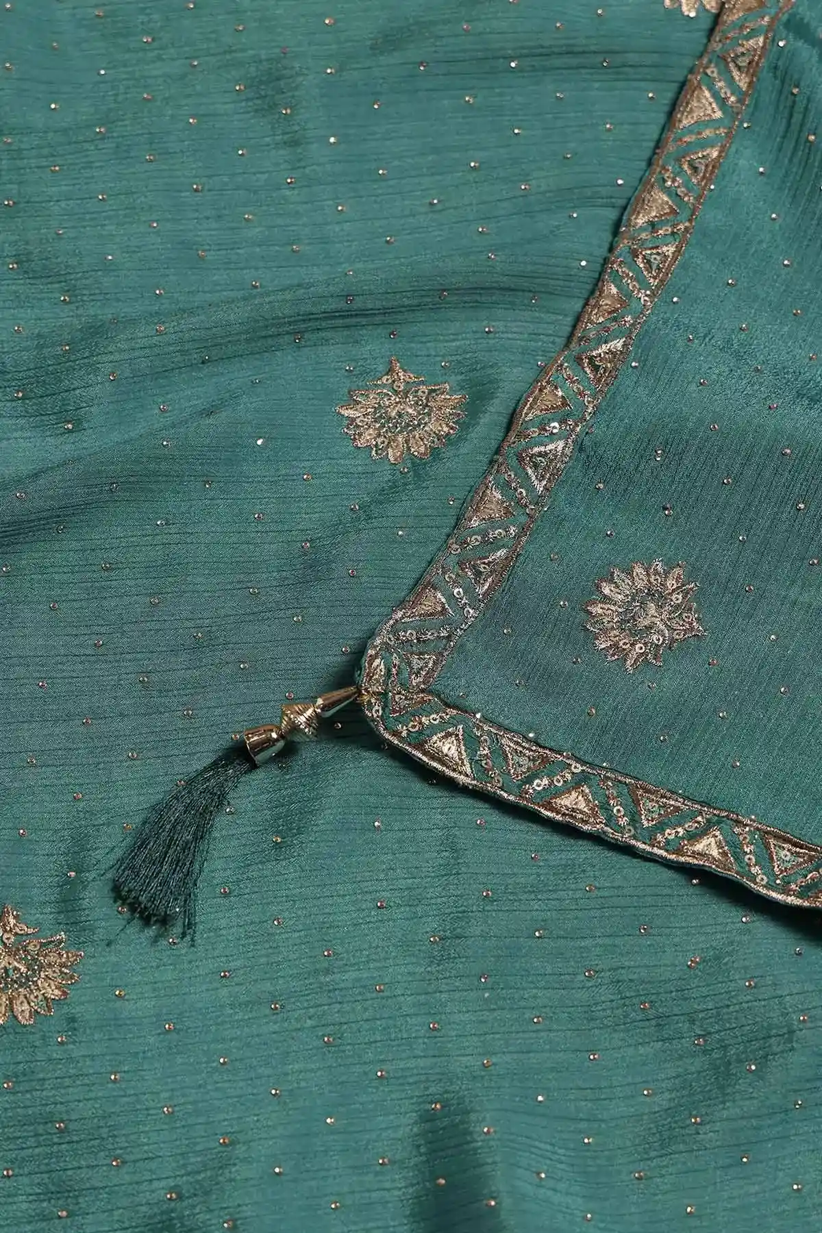 Turquoise Blue Chinon Floral Zari Embroidered Lehenga Choli With Stone Work