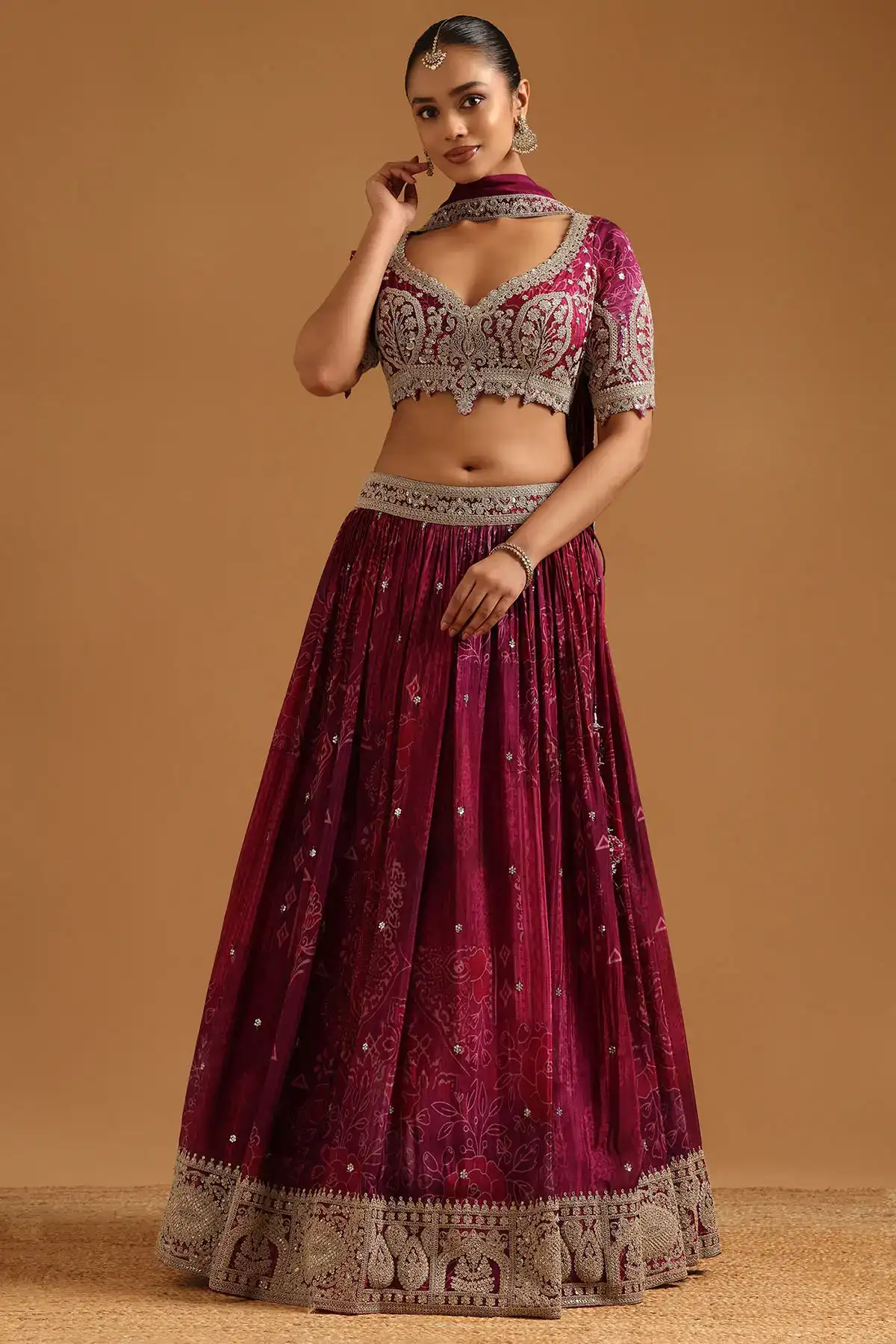 Wine Chinon Botanical Zari Embroidered Lehenga Set With Sequins