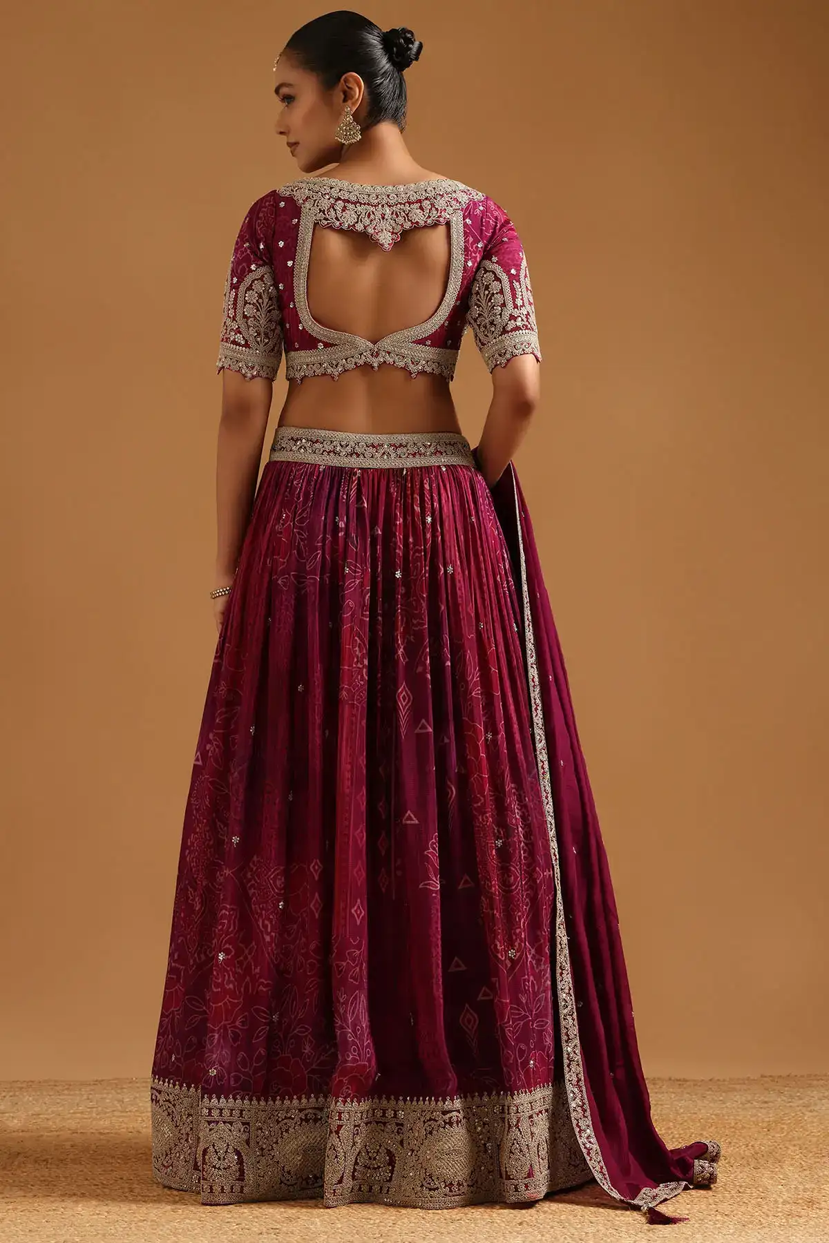 Wine Chinon Botanical Zari Embroidered Lehenga Set With Sequins