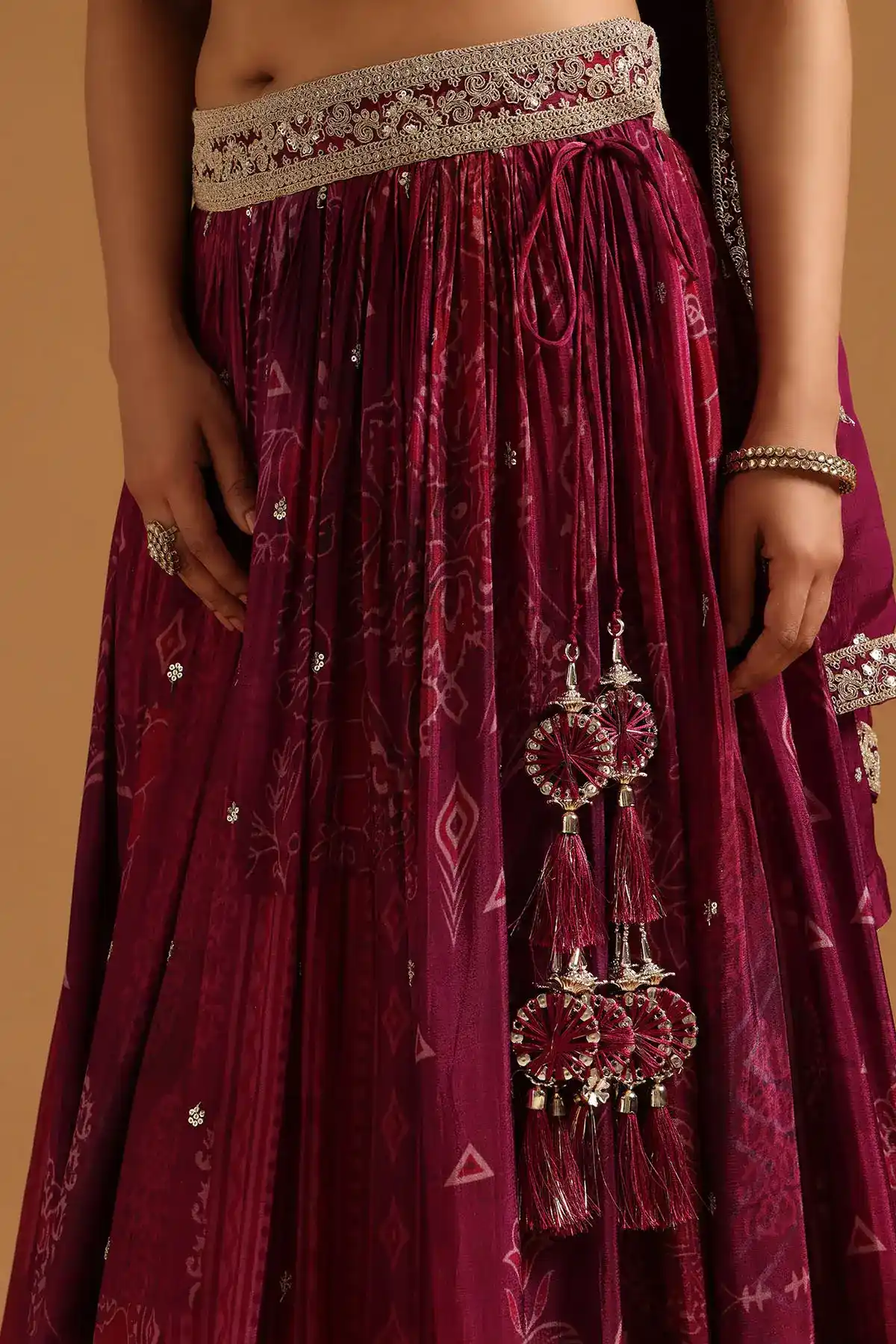 Wine Chinon Botanical Zari Embroidered Lehenga Set With Sequins