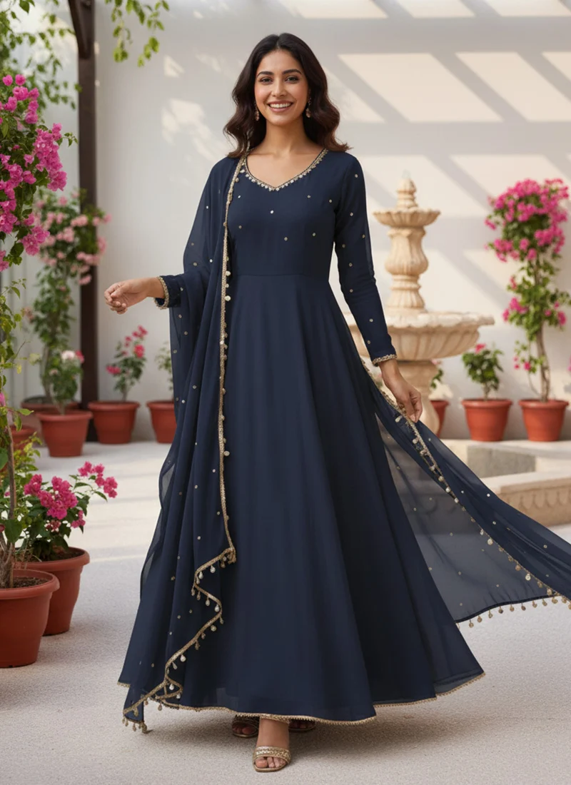 Beige georgette embroidered sequins chiffon anarkali