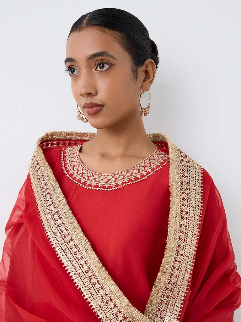 Vark Red Zari Embroidered Anarkali Kurta and Churidar Set