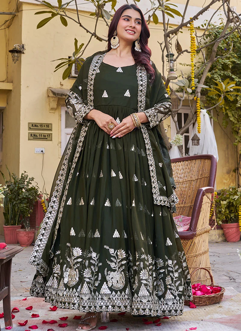 Brown rayon digital print anarkali suit