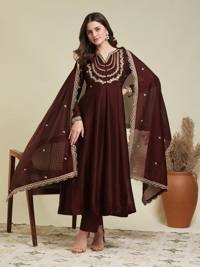 Brown Embroidered Silk Blend Anarkali