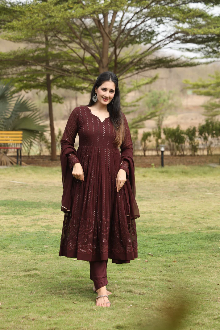 Coffee Coloured Anarkali Suit Set