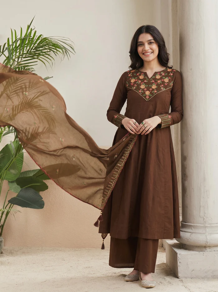 Coffee Cotton Anarkali Kurta Set