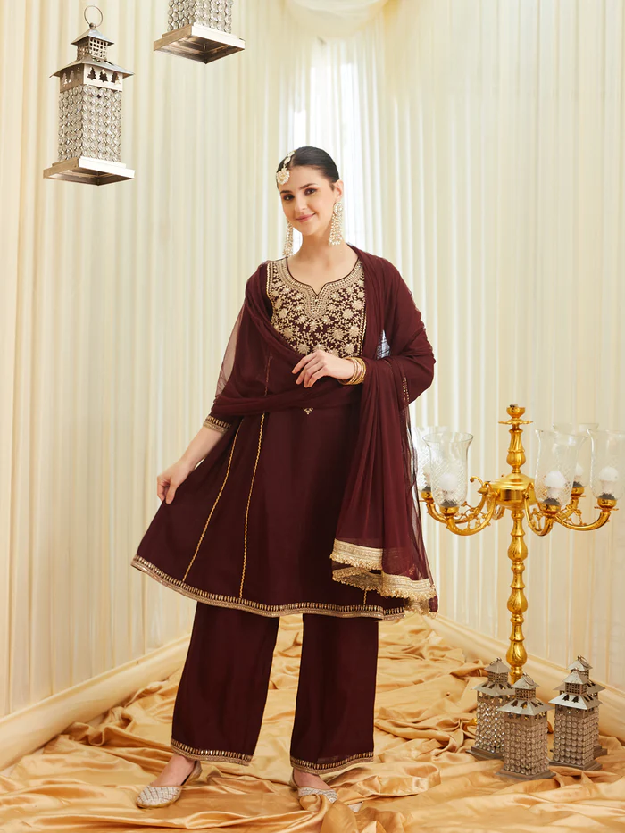 Coffee Silk Embroidered Anarkali Kurta Set