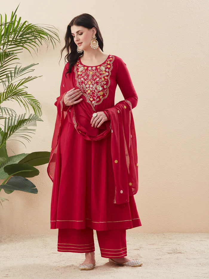Cotton Embroidered Anarkali Suit Set