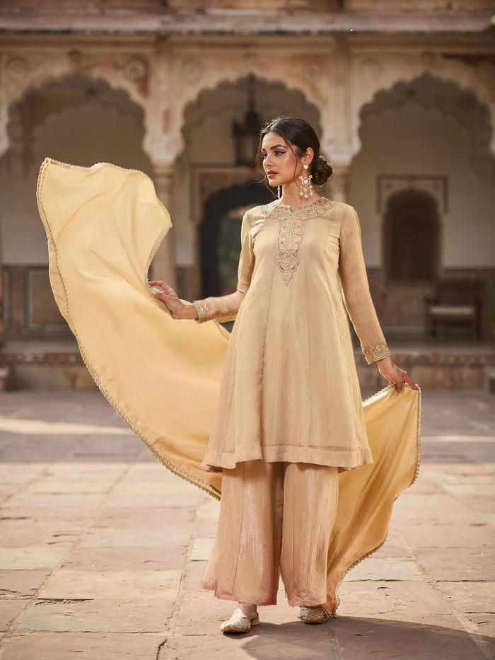 Beige Silk Embroidered Anarkali Kurta Set