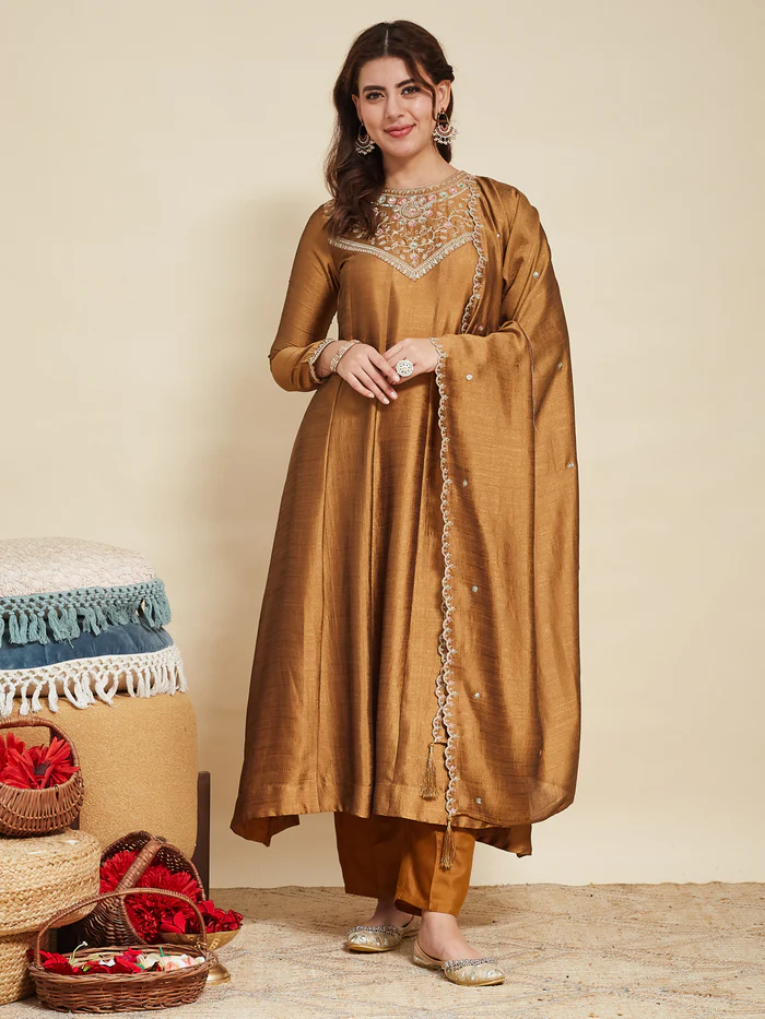 Golden Embroidered Silk Anarkali