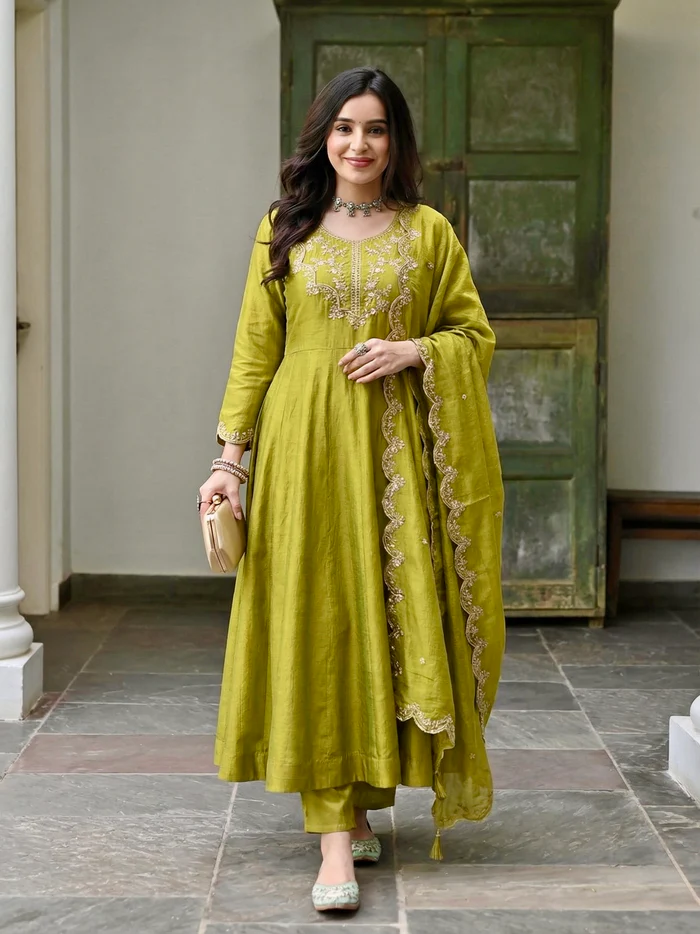 Green Silk Embroidered Anarkali Kurta Set