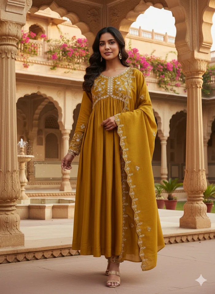 Mustard Embroidered Silk Blend Anarkali