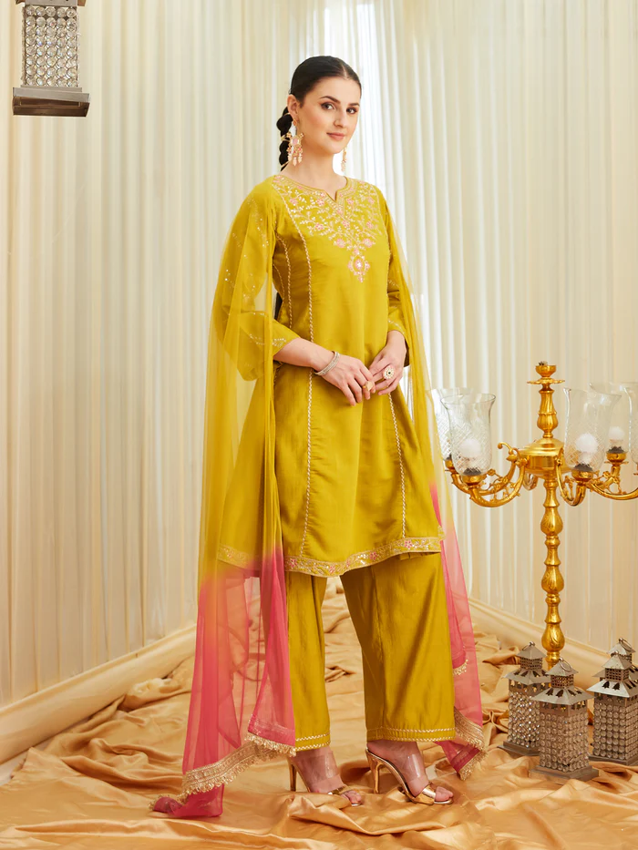 Mustard Silk Embroidered Anarkali