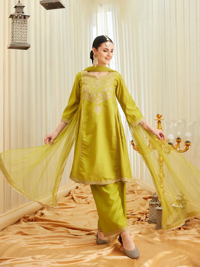 Neon Silk Embroidered Anarkali Kurta Set