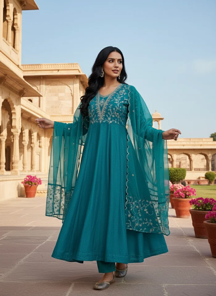 Rama Embroidered Silk Anarkali