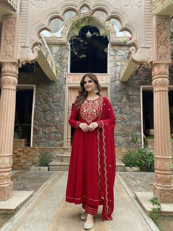Red Cotton Embroidered Anarkali Suit Set