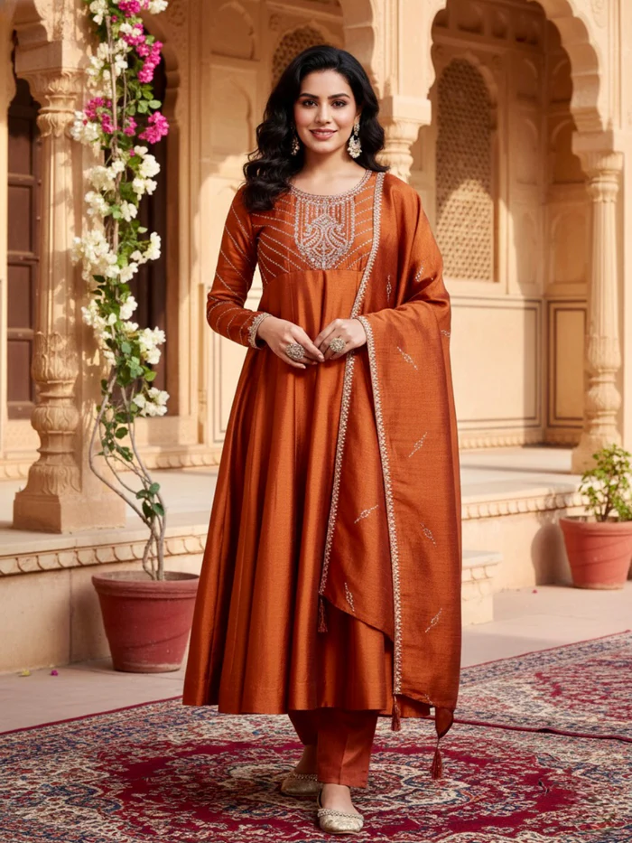Rust Embroidered Silk Anarkali