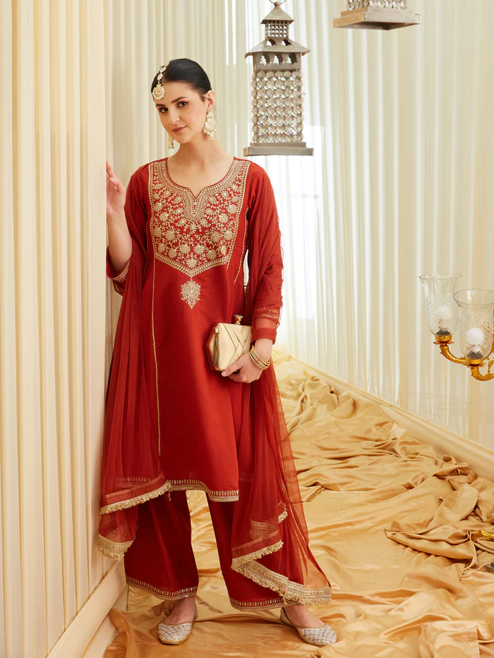 Rust Red Silk Embroidered Anarkali