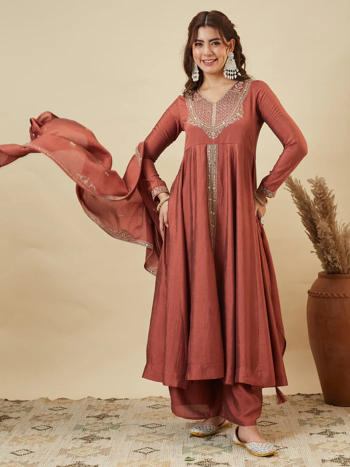Rust Silk Embroidered Anarkali Kurta Set