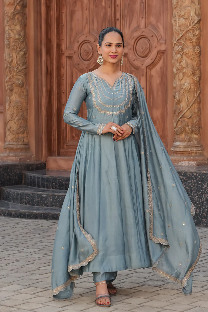 Sky Blue Embroidered Silk Blend Anarkali