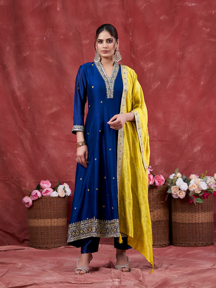 Teal Blue Embroidered Silk Anarkali