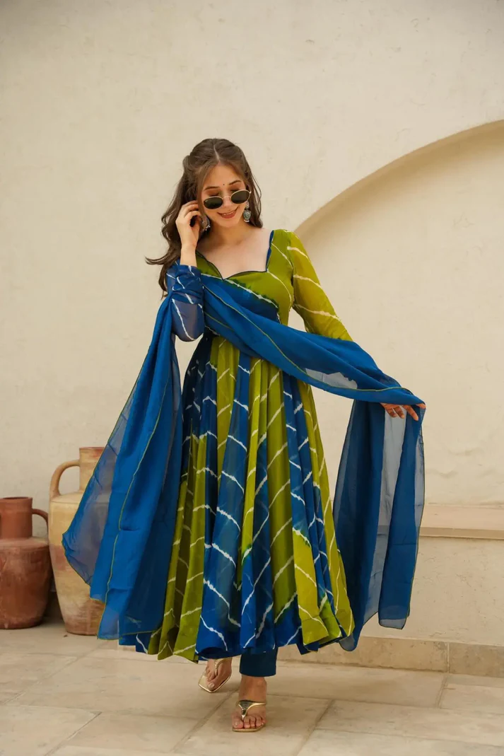 Blue And Green Lehriya Set