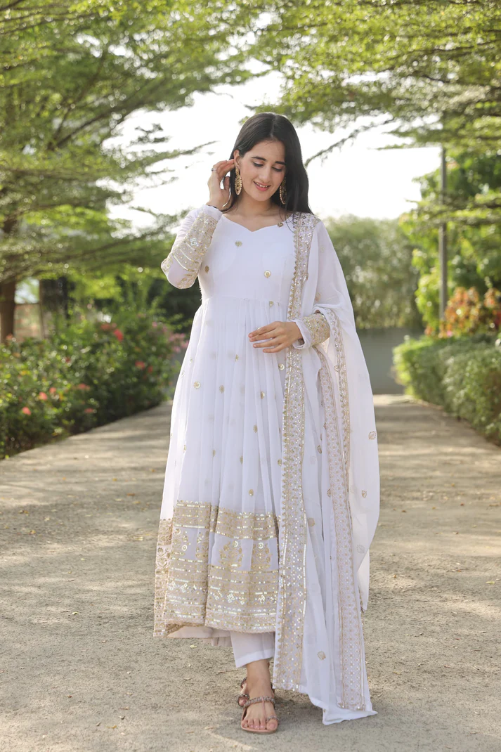 White Coloured Anarkali Suit Set