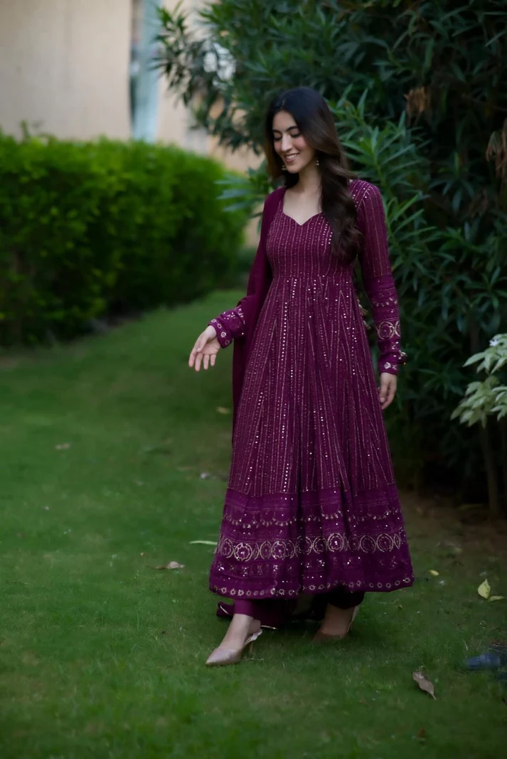 Wine Purple Readymade Kali Cut Suit