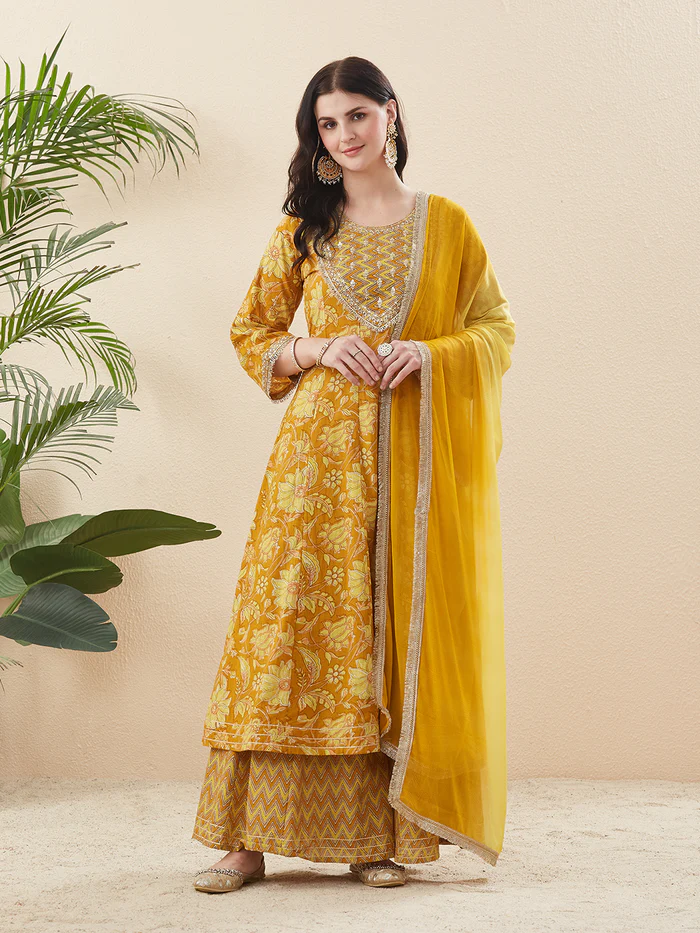 Womens Yellow Cotton Printed Suit