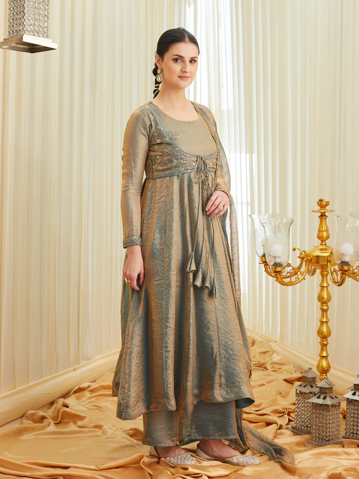 Blue Silk Embroidered Anarkali Kurta Set