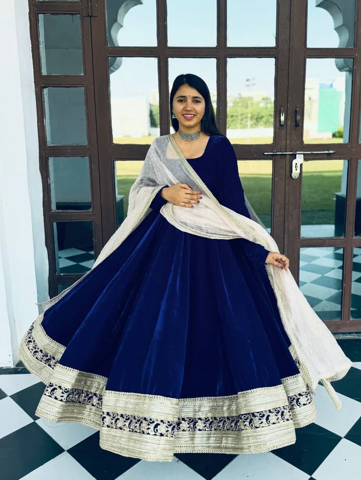 Blue Velvet Anarkali Suit Set