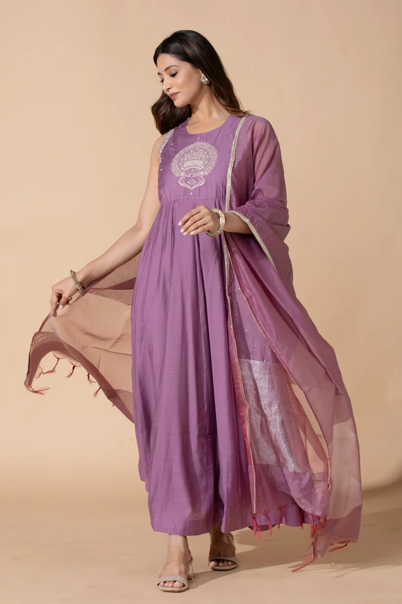 Kathakali Embroidered Lilac A-Line Anarkali With Dupatta