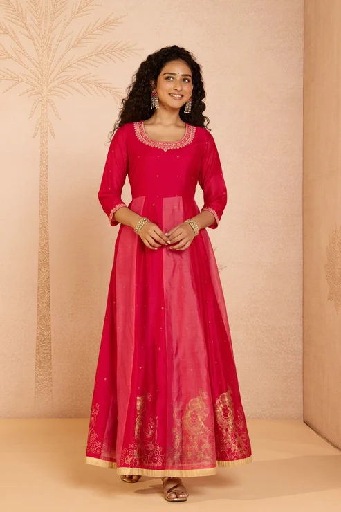 Pink Mural Printed Chanderi Anarkali