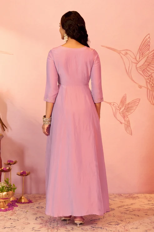 Pink Floral Embroidered A-line Tissue Anarkali
