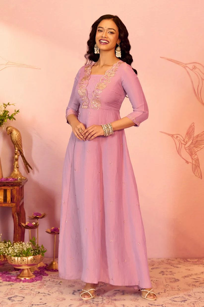 Pink Floral Embroidered A-line Tissue Anarkali