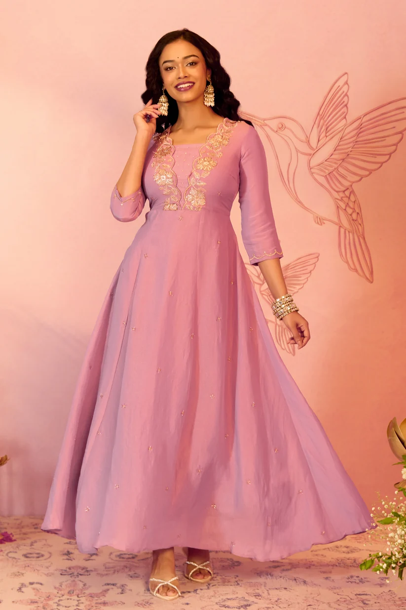 Pink Floral Embroidered A-line Tissue Anarkali