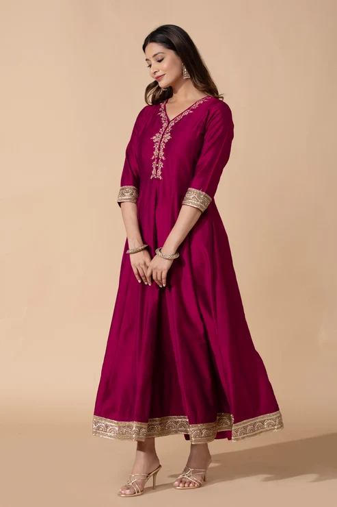 Floral Embroidered & Lace Pink A-Line Anarkali